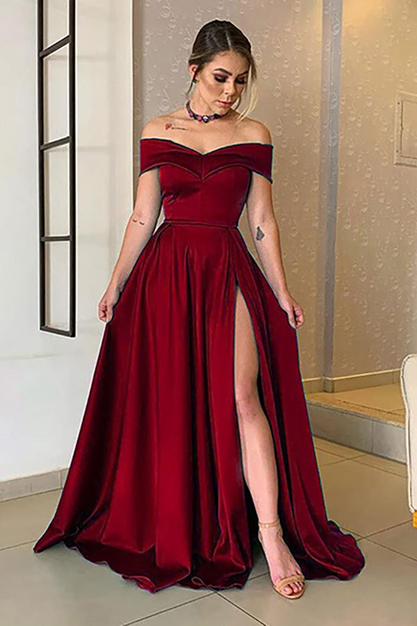 Biztunnel Black Off-the-Shoulder Satin A line Long Prom Dress with Split