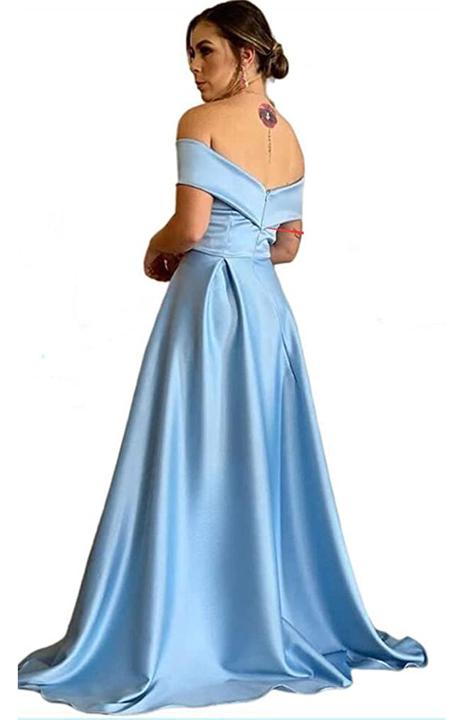 Biztunnel Black Off-the-Shoulder Satin A line Long Prom Dress with Split