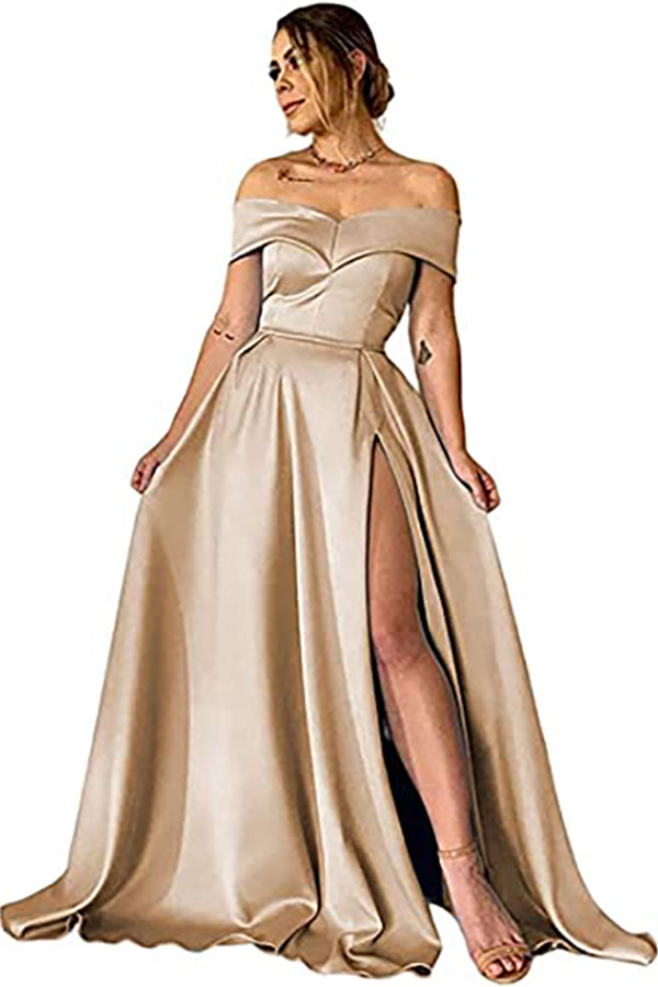 Biztunnel Black Off-the-Shoulder Satin A line Long Prom Dress with Split