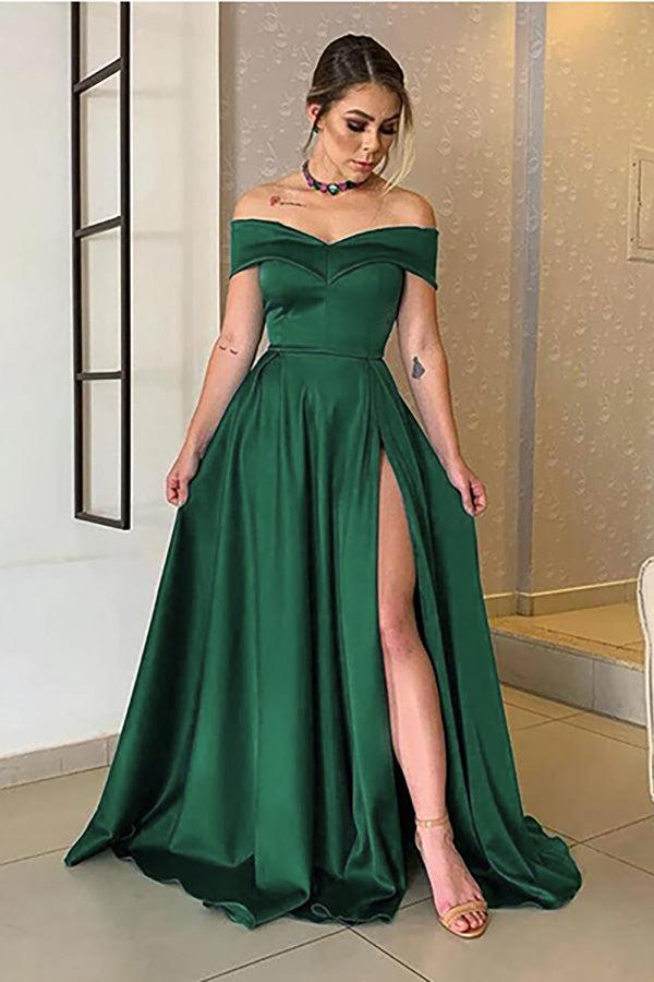 Biztunnel Black Off-the-Shoulder Satin A line Long Prom Dress with Split