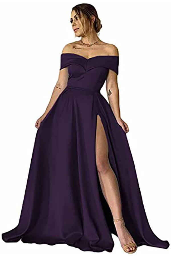 Biztunnel Black Off-the-Shoulder Satin A line Long Prom Dress with Split