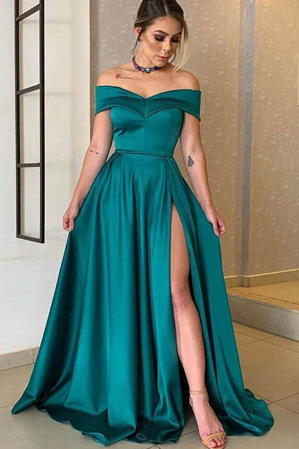 Biztunnel Black Off-the-Shoulder Satin A line Long Prom Dress with Split