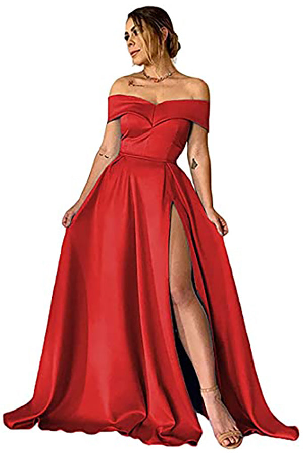 Biztunnel Black Off-the-Shoulder Satin A line Long Prom Dress with Split