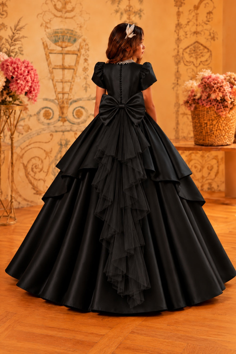 Black Satin Princess Dress for Girls with Puff Sleeves-2
