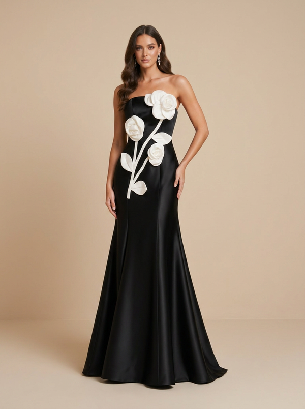 Black Satin Strapless Formal Evening Dress with White 3D Flower Detail