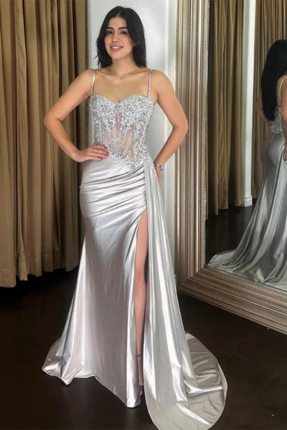 Biztunnel Black Spaghetti Strap Beaded Sleeveless Mermaid Evening Dress with Split