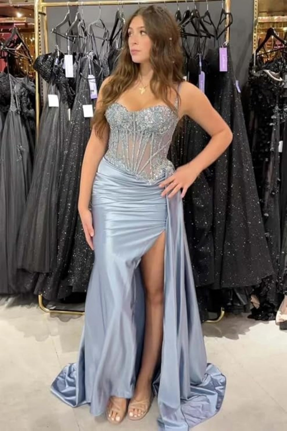 Biztunnel Black Spaghetti Strap Beaded Sleeveless Mermaid Evening Dress with Split