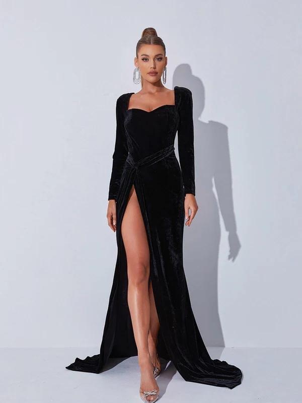 Biztunnel Black Velvet Long Sleeves Long Prom Dress with High Split
