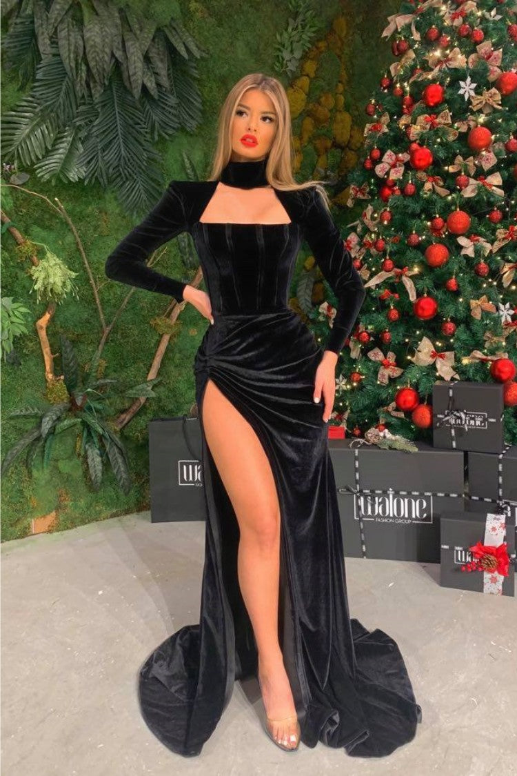 Biztunnel Black Velvet Long Sleeves Long Prom Dress with High Split