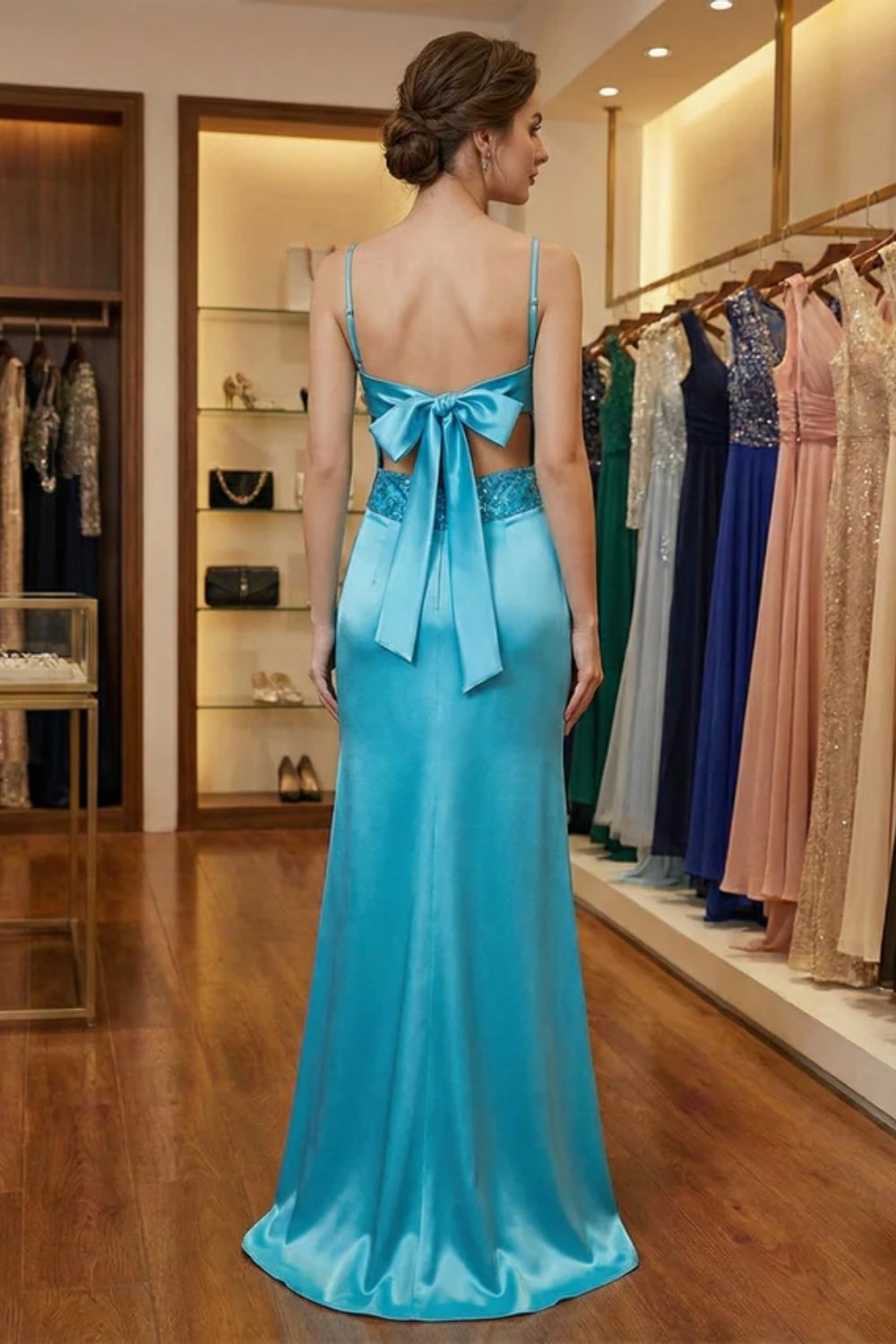 Biztunnel Blue Sheath V-neck Satin Evening Dress Bow Back with Beadings