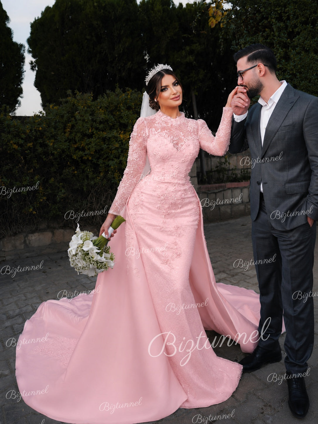 Blushing Pink-Charming Long Sleeves High Neck Satin Lace Mermaid Wedding Dress