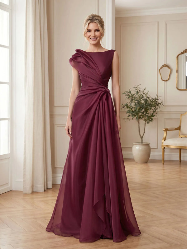 Boat Neck Ruffle Pleated Chiffon A-Line Mother of the Bride Gown