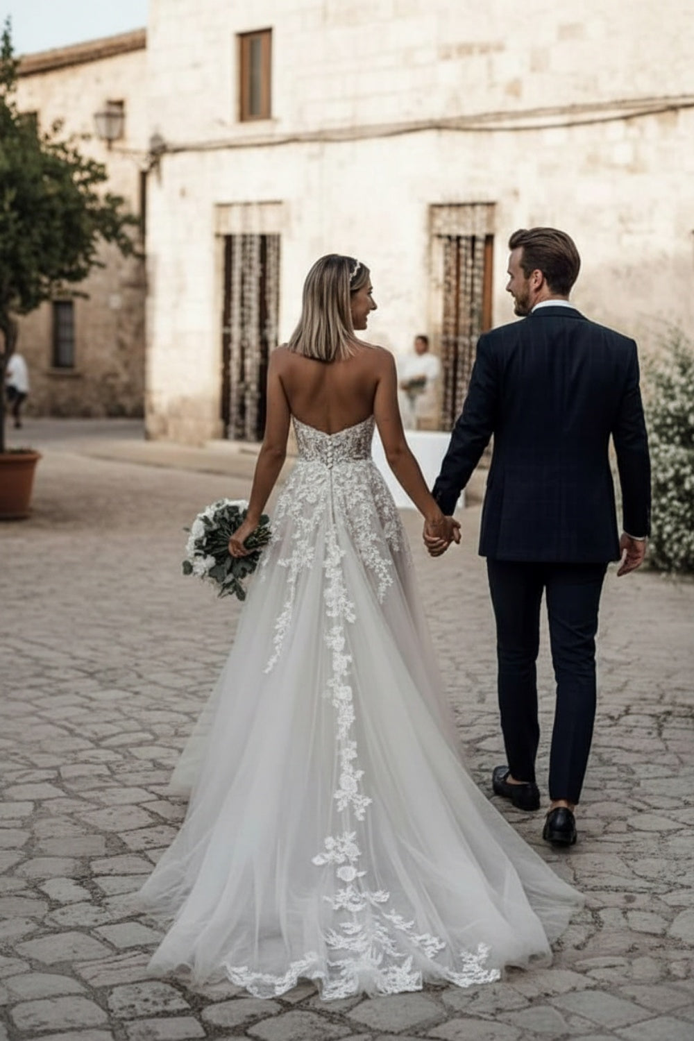 Biztunnel Boho Long Sweetheart Tulle Appliques Lace Wedding Dress-Back