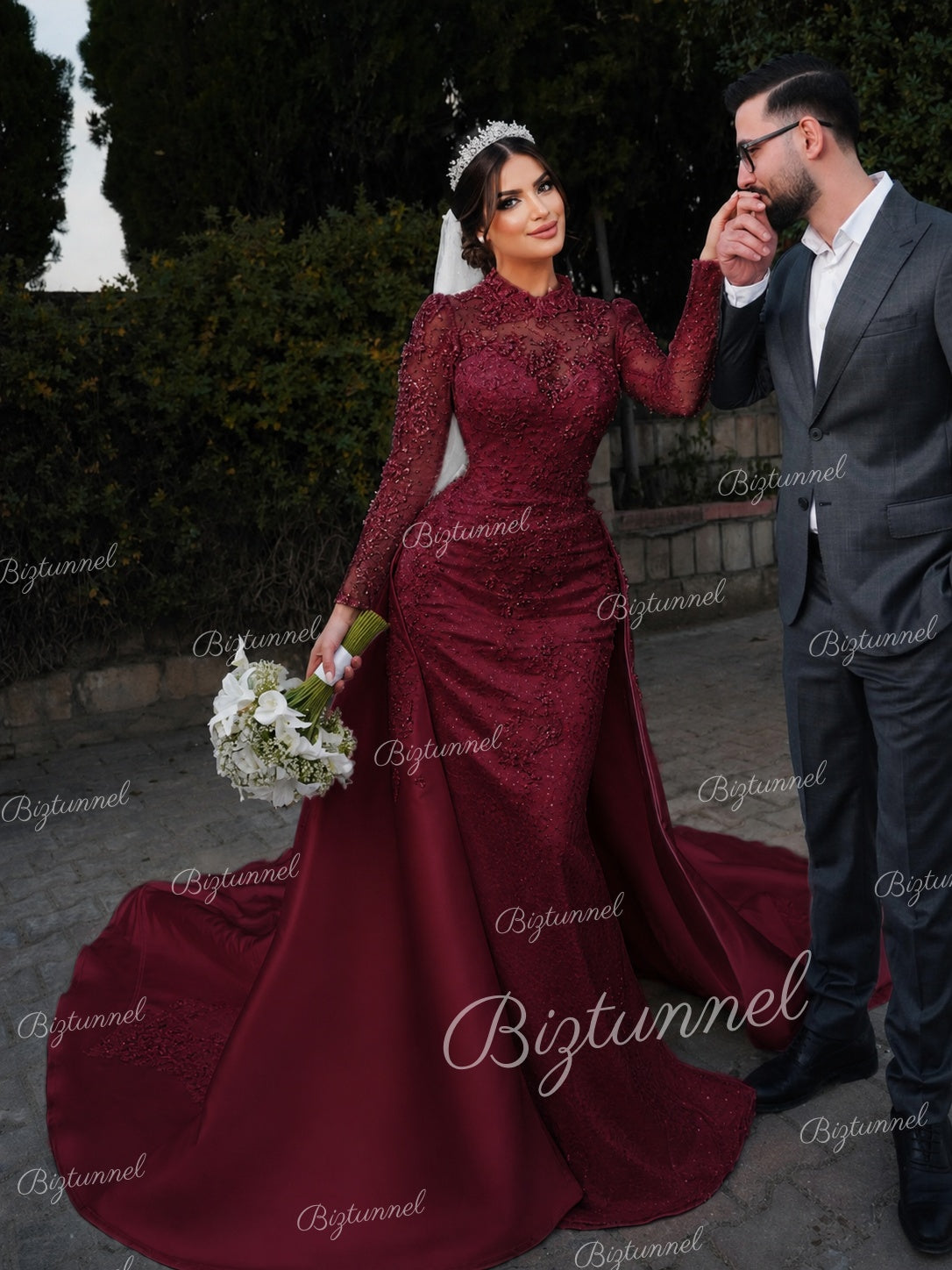 Burgundy-Charming Long Sleeves High Neck Satin Lace Mermaid Wedding Dress