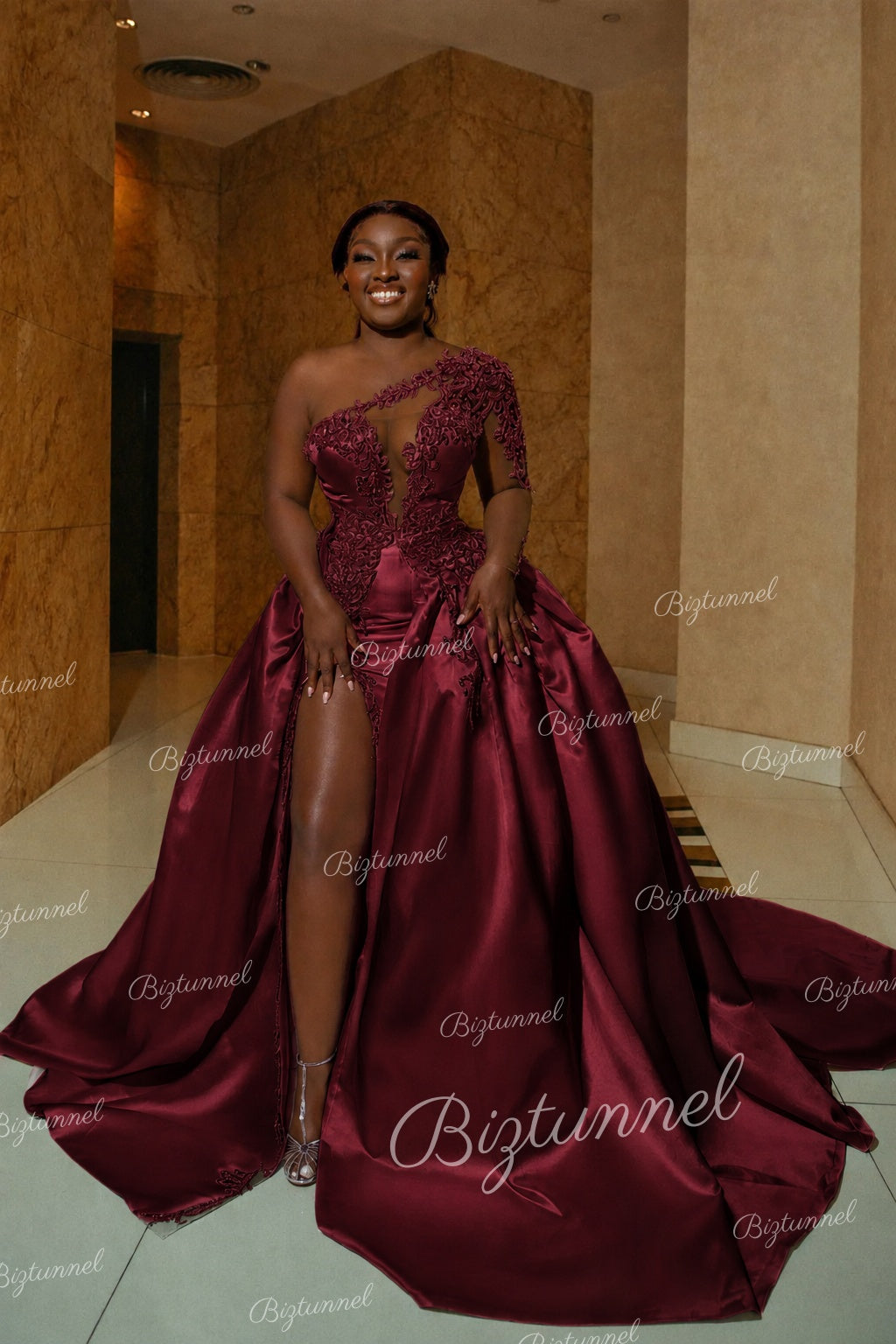Burgundy BIiztunnel Gorgeous Long A-line Satin Wedding Dress with Slit