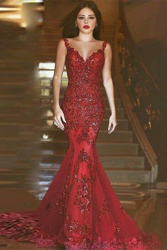 Biztunnel Burgundy Backless Evening Dress Mermaid with Lace Appliques