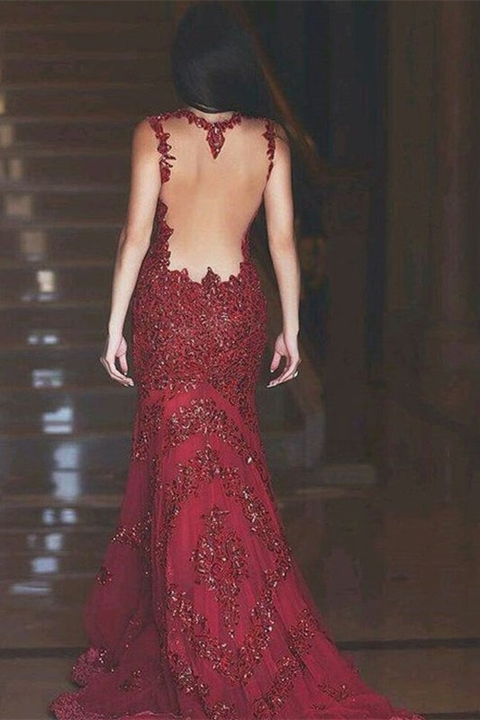Biztunnel Burgundy Backless Evening Dress Mermaid with Lace Appliques