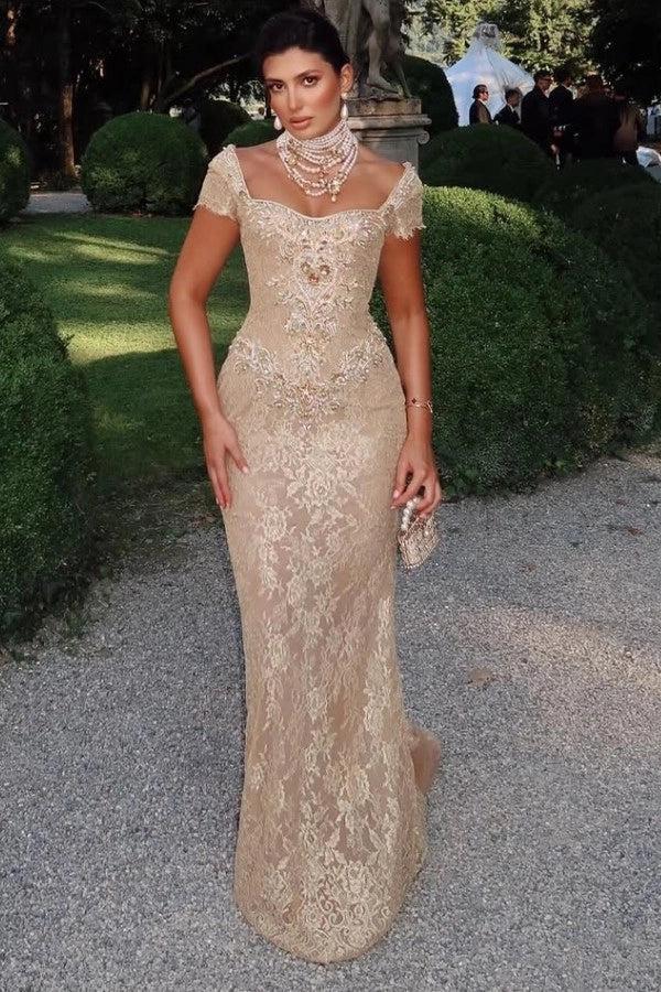 Biztunnel Cap Sleeve Sheath Long Lace Evening Dress with Rhinestones-1