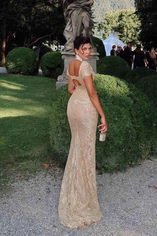 Biztunnel Cap Sleeve Sheath Long Lace Evening Dress with Rhinestones