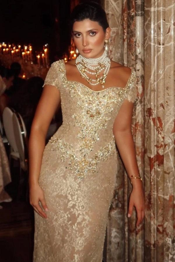 beaded evening dresses Beaded Cape Sleeve Slit Gown by Ladivine CD0239 main image 0