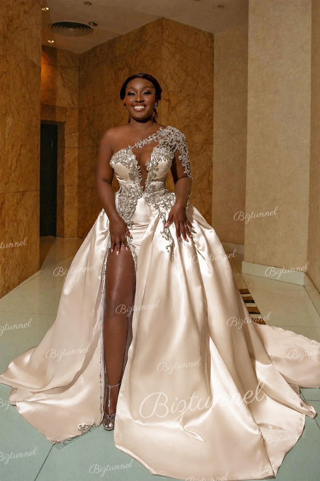 Champagne Biztunnel Gorgeous Long A-line Satin Wedding Dress with Slit