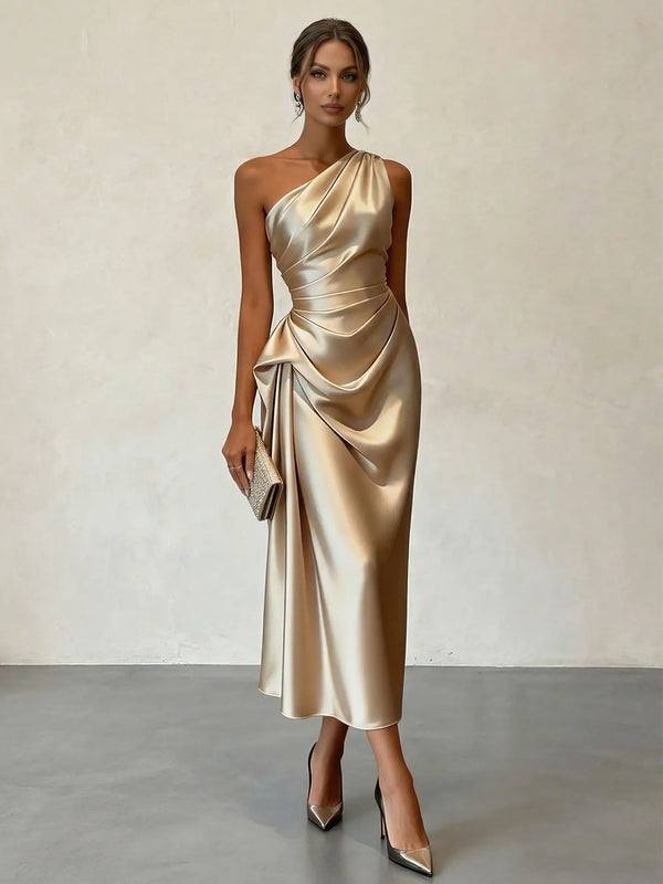 Champagne Ruched Satin One Shoulder Sleeveless Sheath Midi Dress