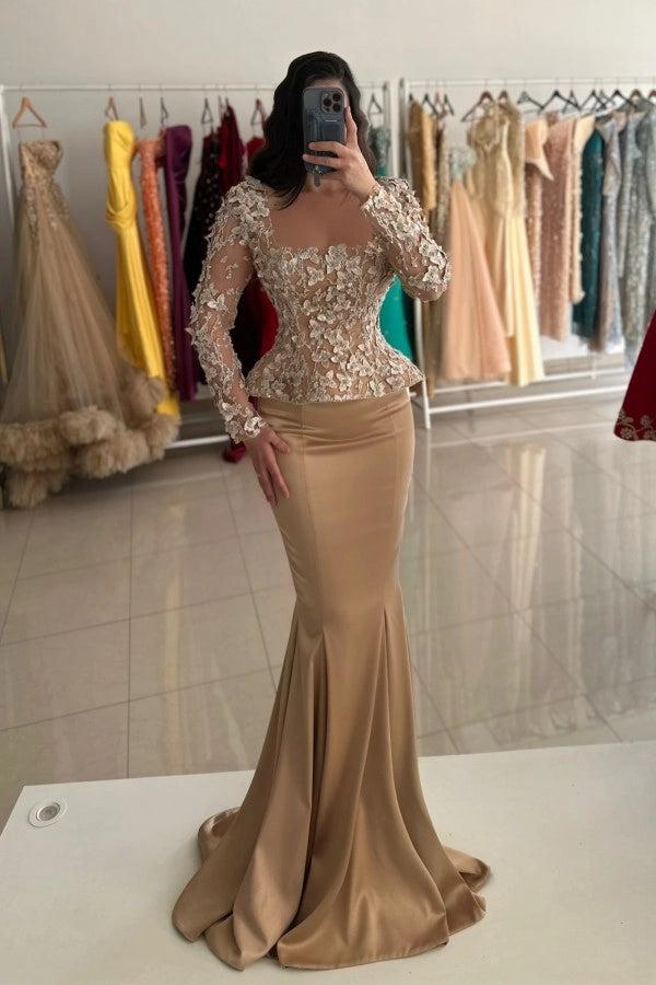 Biztunnel Champagne Long Sleeves Mermaid Long Formal Dress with Appliques