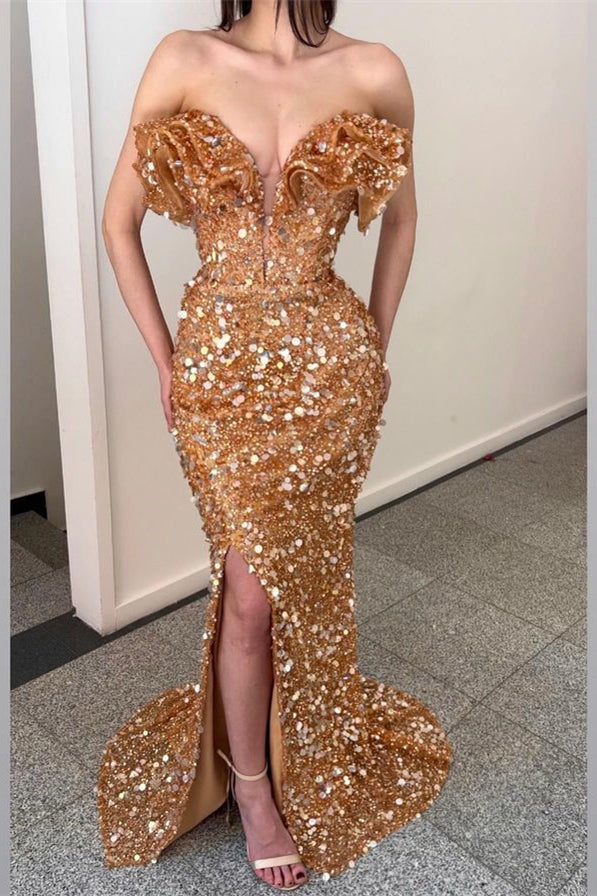 Biztunnel Champagne Mermaid V Neck Sequin Sleeveless Prom Dress With Slit