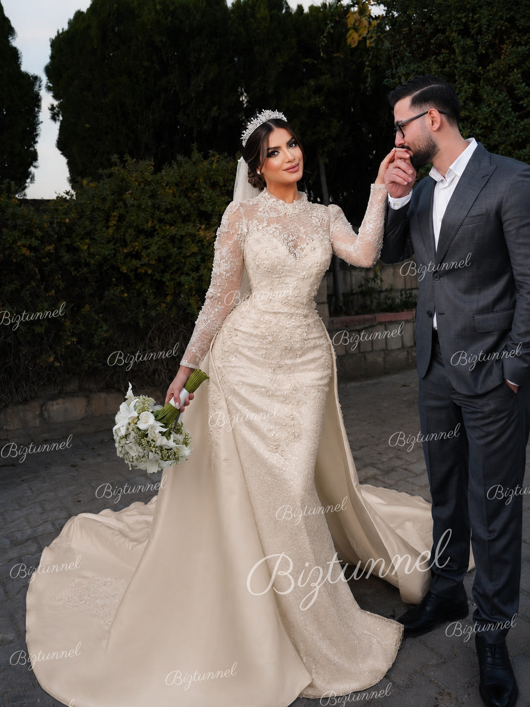 Ivory-Charming Long Sleeves High Neck Satin Lace Mermaid Wedding Dress