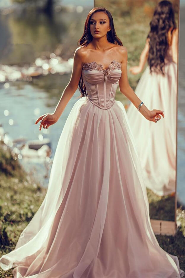 Biztunnel Charming Sweetheart A Line Tulle Sleeveless Long Evening Dress