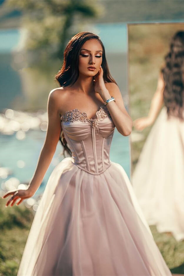 Biztunnel Charming Sweetheart A Line Tulle Sleeveless Long Evening Dress