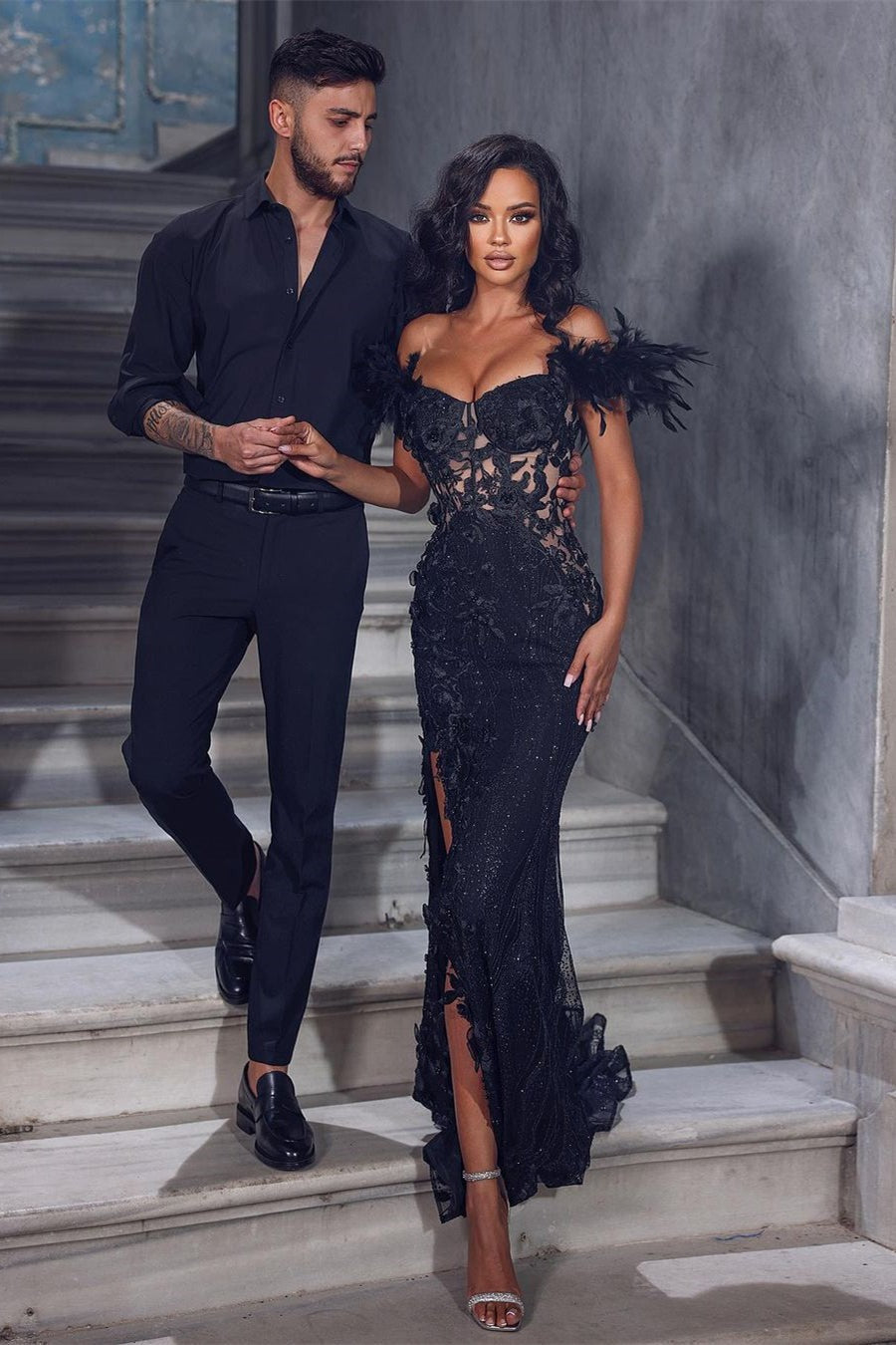 Chic Black Long Mermaid Off the Shoulder Lace Formal Prom Dresses with Slit-BIZTUNNEL