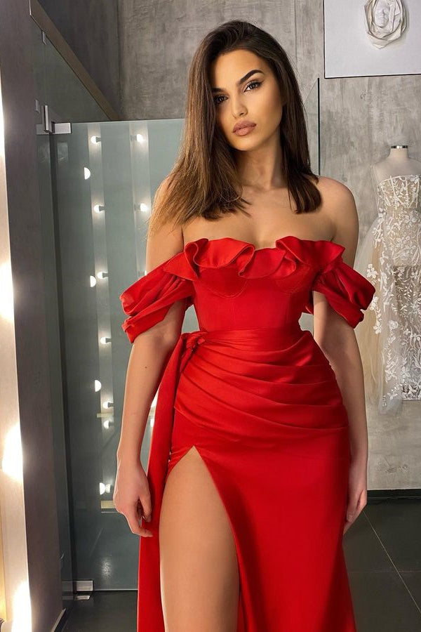 Biztunnel Classic Red Off-the-Shoulder Satin Prom Dress with Split