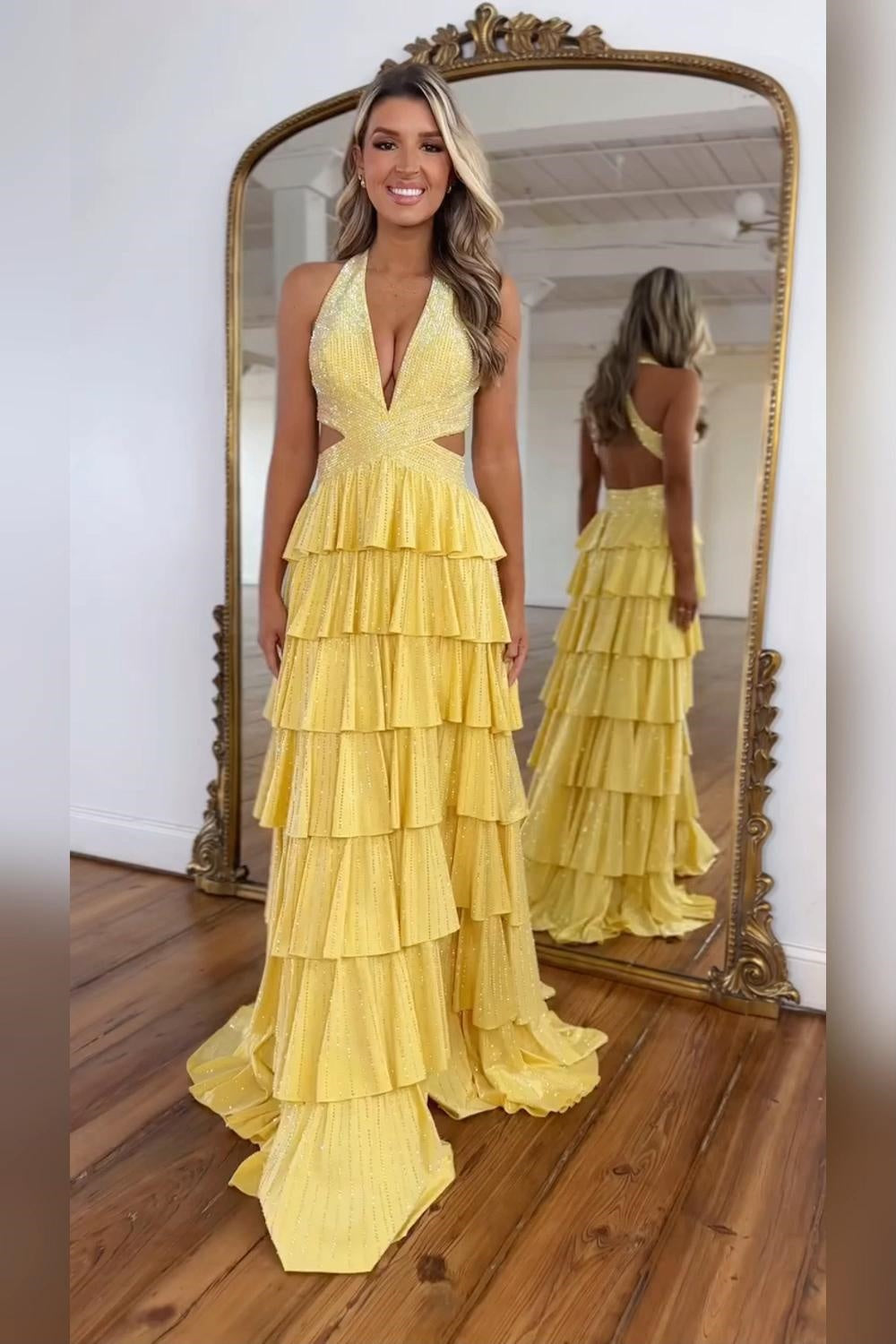 Biztunnel Classic Ruffled Halter Neck A Line Long Prom Dress with Slit