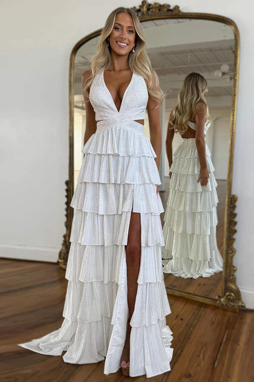 Biztunnel Classic Ruffled Halter Neck A Line Long Prom Dress with Slit