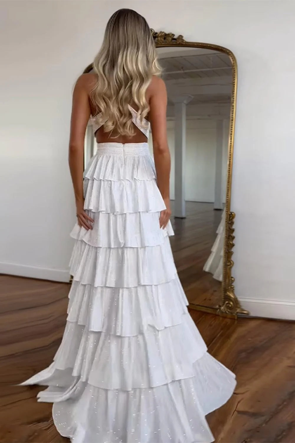 Biztunnel Classic Ruffled Halter Neck A Line Long Prom Dress with Slit