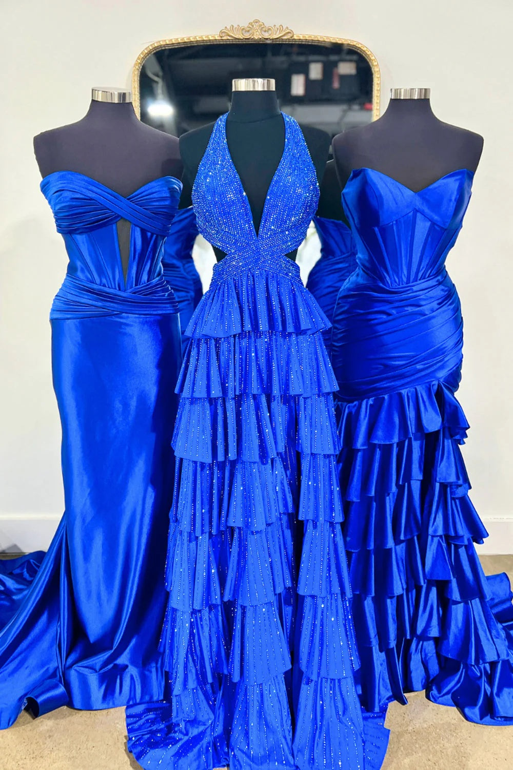 Biztunnel Classic Ruffled Halter Neck A Line Long Prom Dress with Slit