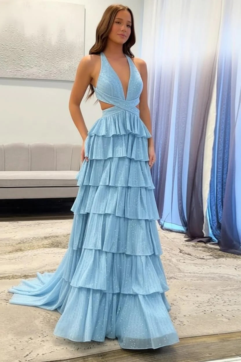 Biztunnel Classic Ruffled Halter Neck A Line Long Prom Dress with Slit