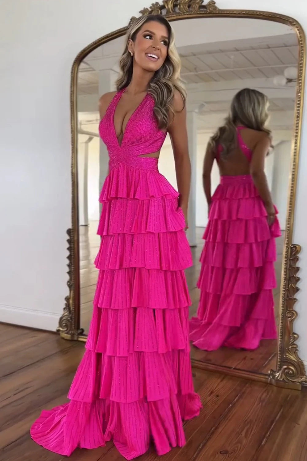 Biztunnel Classic Ruffled Halter Neck A Line Long Prom Dress with Slit