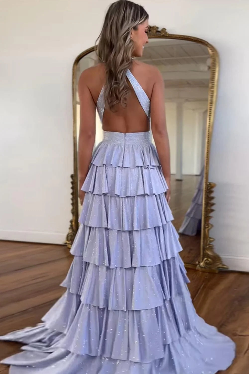 Biztunnel Classic Ruffled Halter Neck A Line Long Prom Dress with Slit