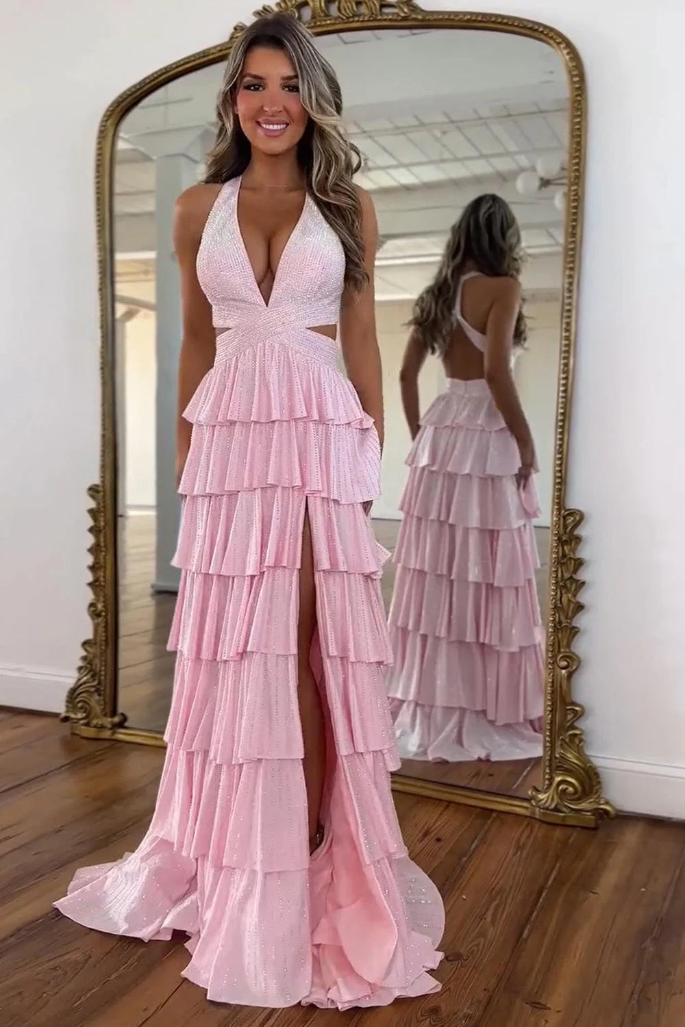 Biztunnel Classic Ruffled Halter Neck A Line Long Prom Dress with Slit