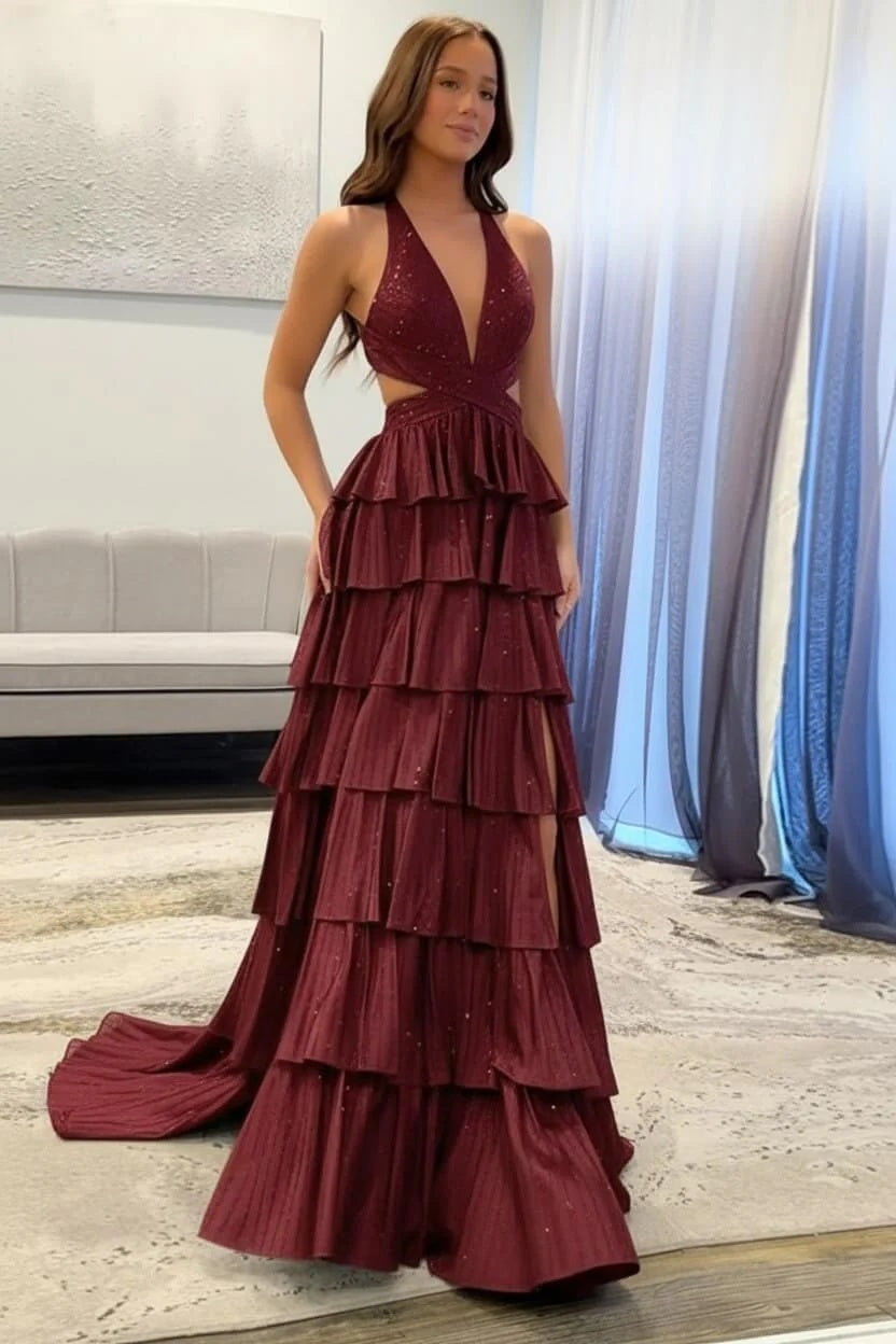 Biztunnel Classic Ruffled Halter Neck A Line Long Prom Dress with Slit