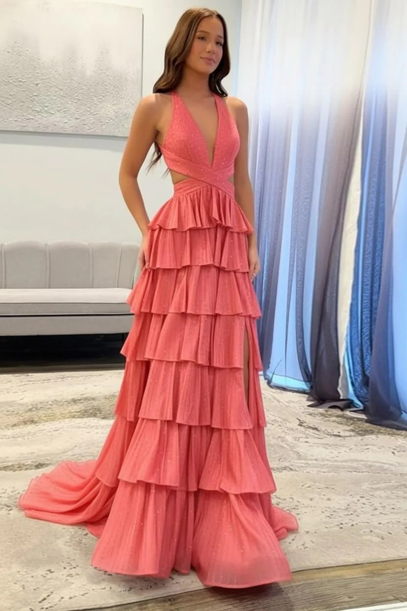 Biztunnel Classic Ruffled Halter Neck A Line Long Prom Dress with Slit