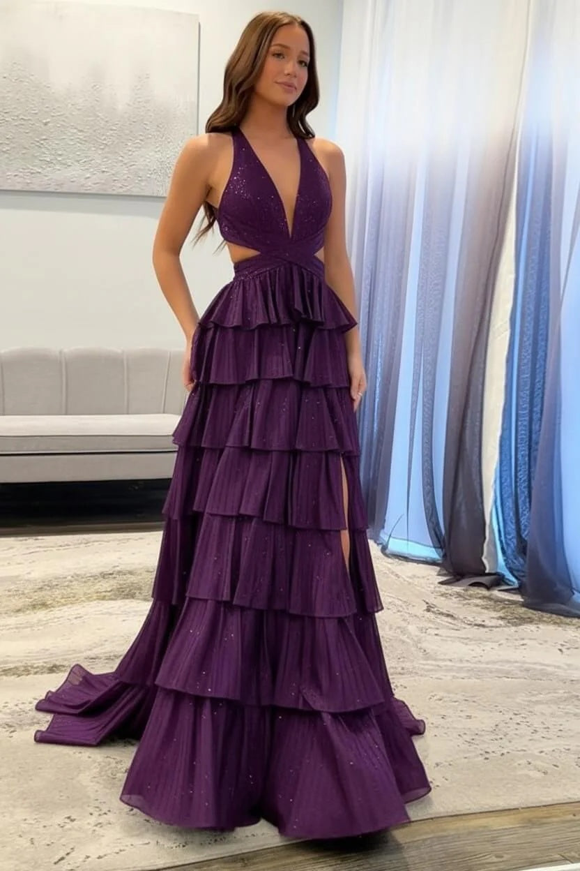 Biztunnel Classic Ruffled Halter Neck A Line Long Prom Dress with Slit