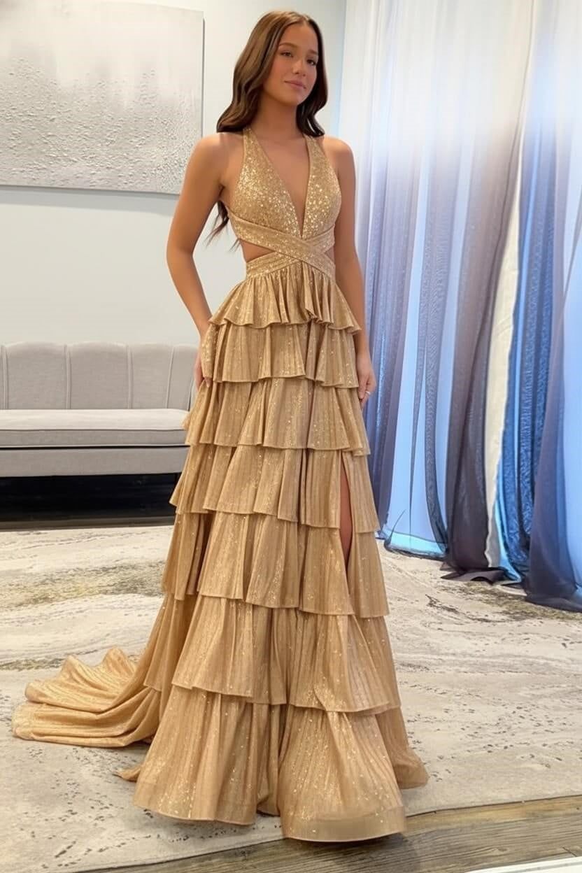 Biztunnel Classic Ruffled Halter Neck A Line Long Prom Dress with Slit