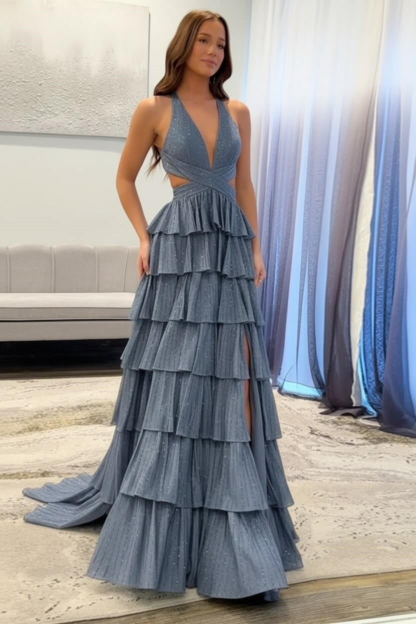 Biztunnel Classic Ruffled Halter Neck A Line Long Prom Dress with Slit