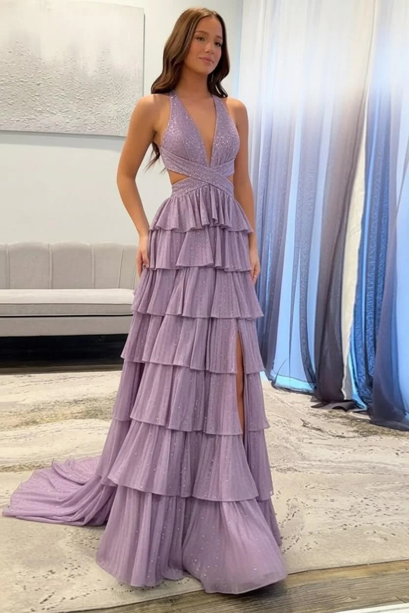 Biztunnel Classic Ruffled Halter Neck A Line Long Prom Dress with Slit