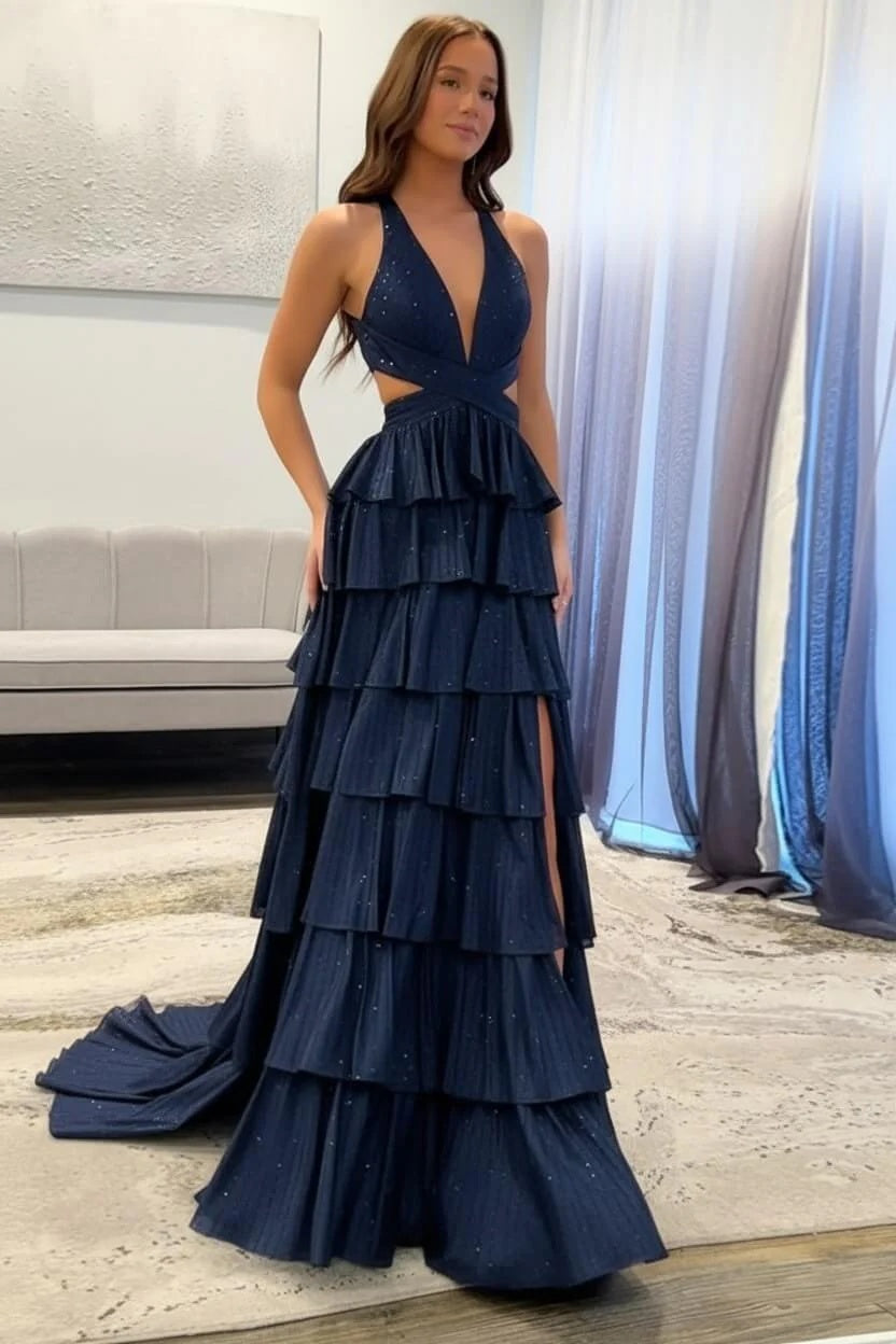 Biztunnel Classic Ruffled Halter Neck A Line Long Prom Dress with Slit