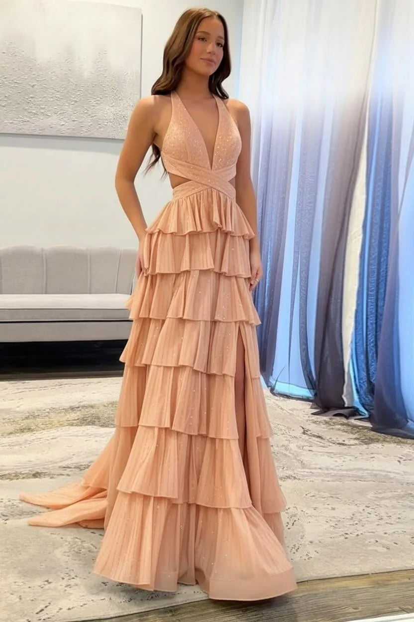 Biztunnel Classic Ruffled Halter Neck A Line Long Prom Dress with Slit