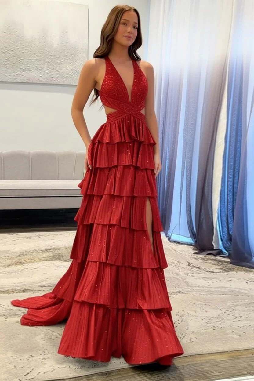 Biztunnel Classic Ruffled Halter Neck A Line Long Prom Dress with Slit